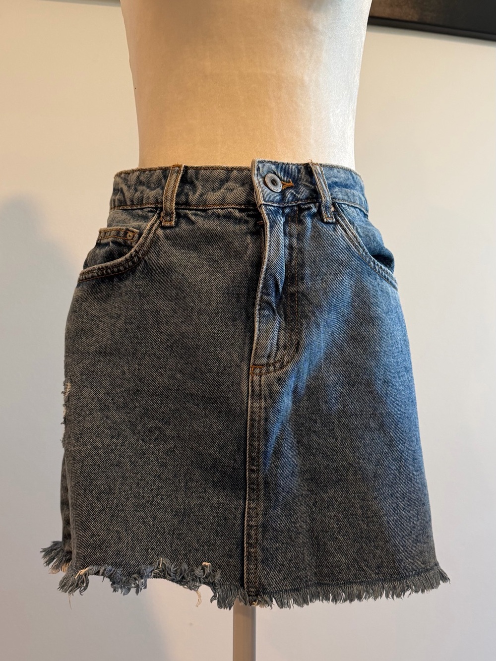 Cotton On Classic Blue Denim Mini Skirt with Frayed Hem